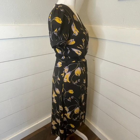Modcloth Yellow Purple Black Floral Faux Wrap A Line Midi Dress Women's Size XXS - Picture 5 of 11